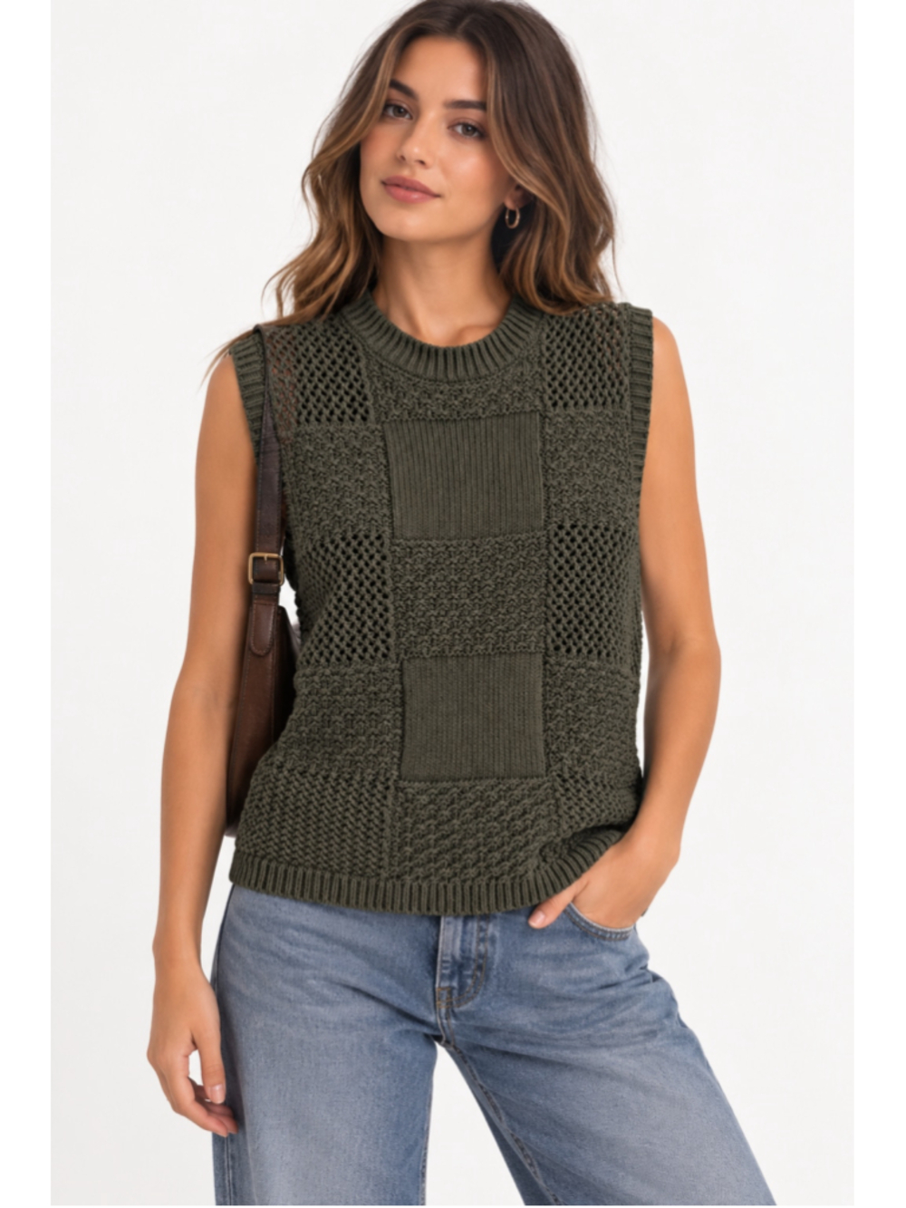 Belldini Olive Green 100% Cotton Patchwork Knit Sweater Vest Size M